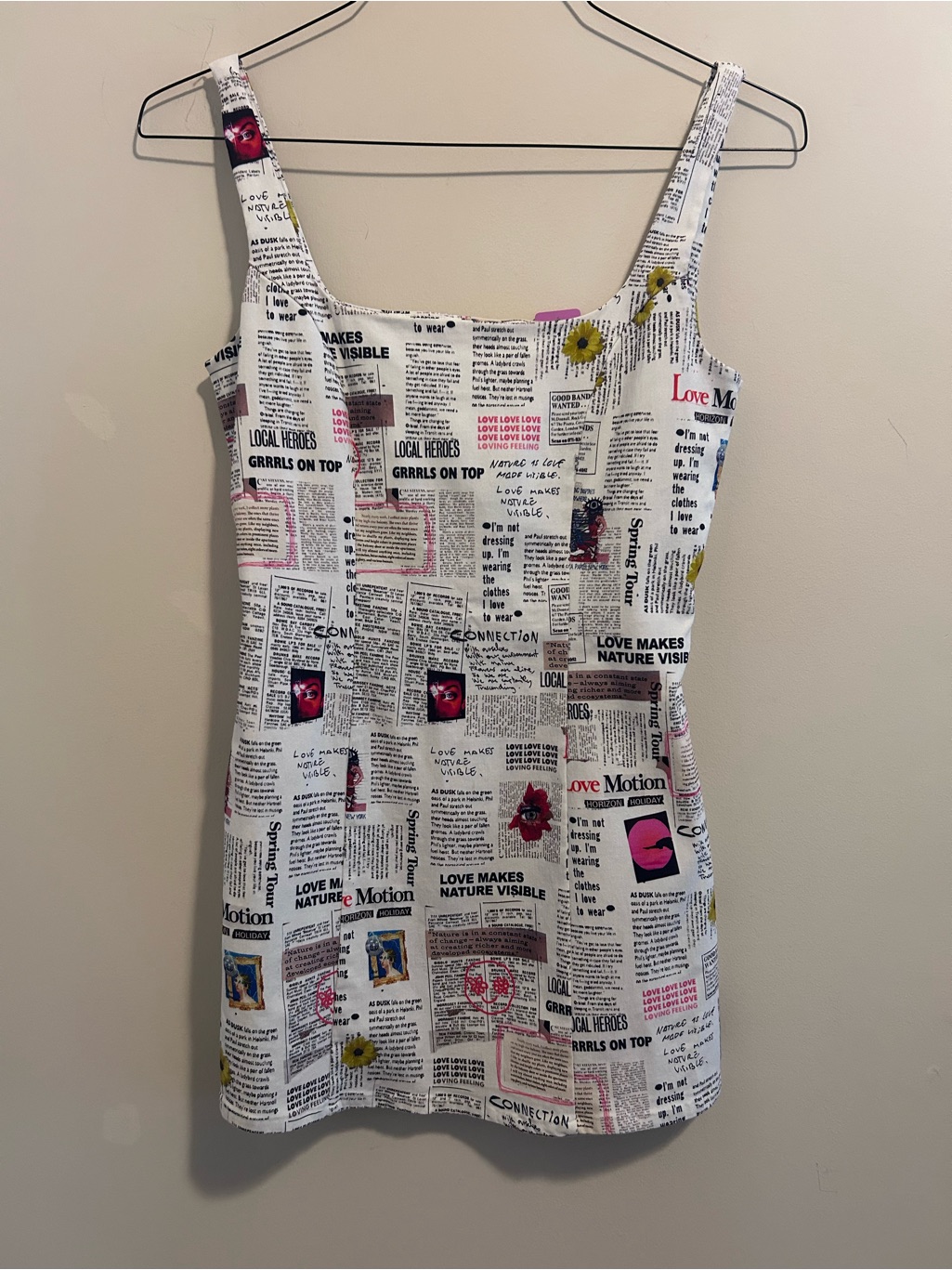 Desigual White Newspaper-Print Mini Dress With Pink & Yellow Accents